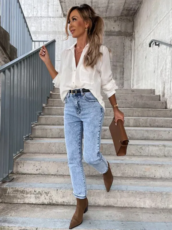 xakxx Trendy Long Sleeves Solid Color Lapel Collar Blouses