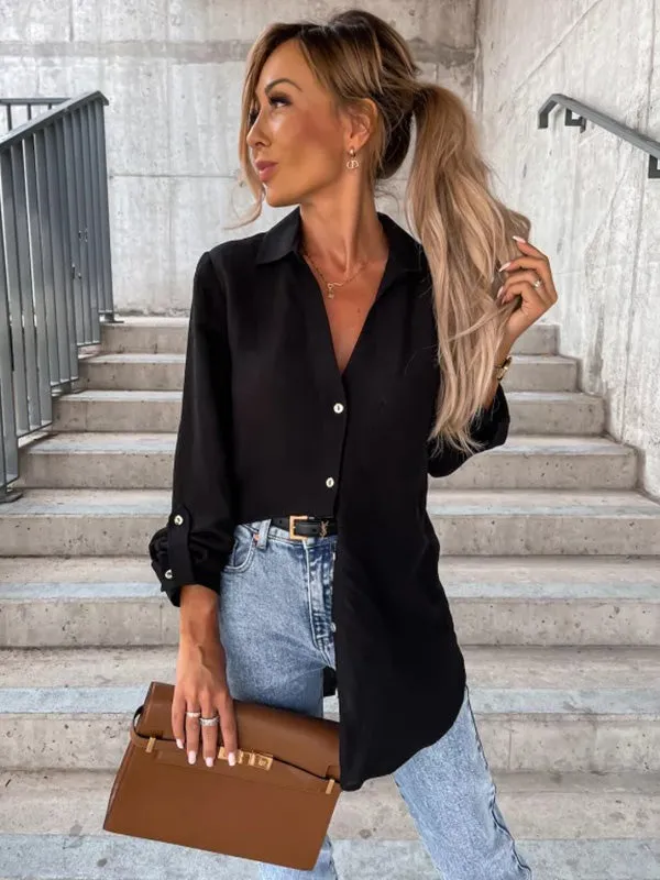 xakxx Trendy Long Sleeves Solid Color Lapel Collar Blouses