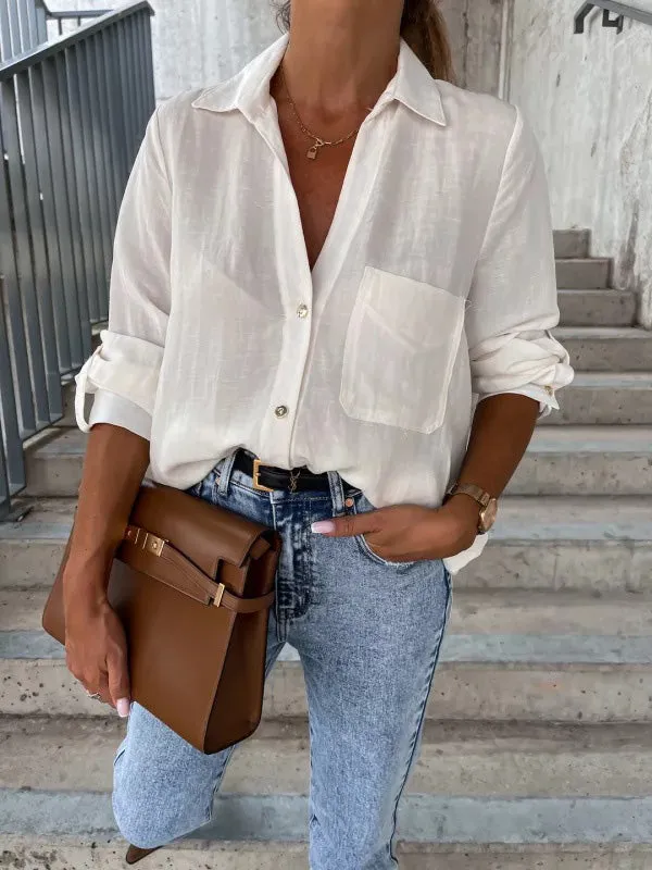 xakxx Trendy Long Sleeves Solid Color Lapel Collar Blouses