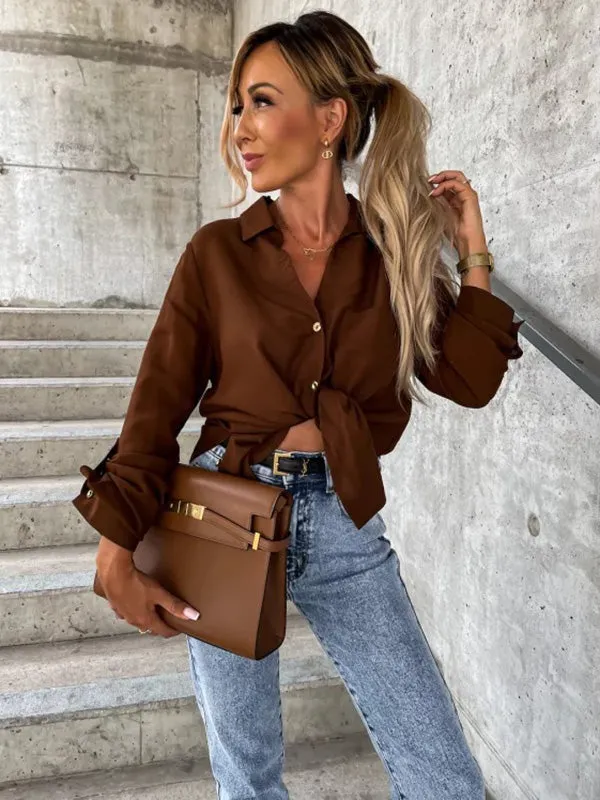 xakxx Trendy Long Sleeves Solid Color Lapel Collar Blouses