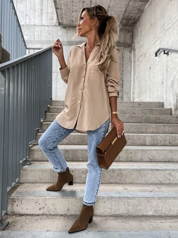 xakxx Trendy Long Sleeves Solid Color Lapel Collar Blouses