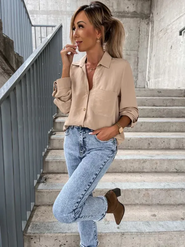 xakxx Trendy Long Sleeves Solid Color Lapel Collar Blouses