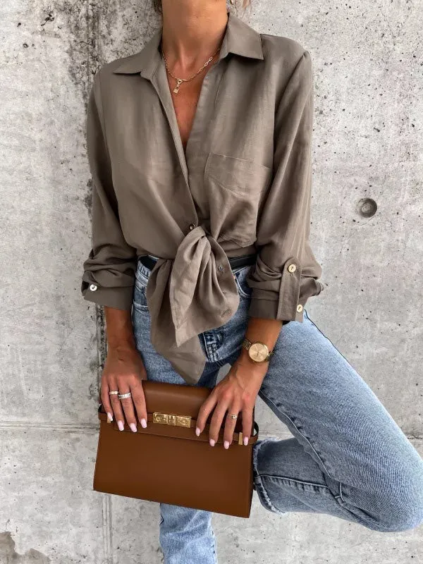 xakxx Trendy Long Sleeves Solid Color Lapel Collar Blouses