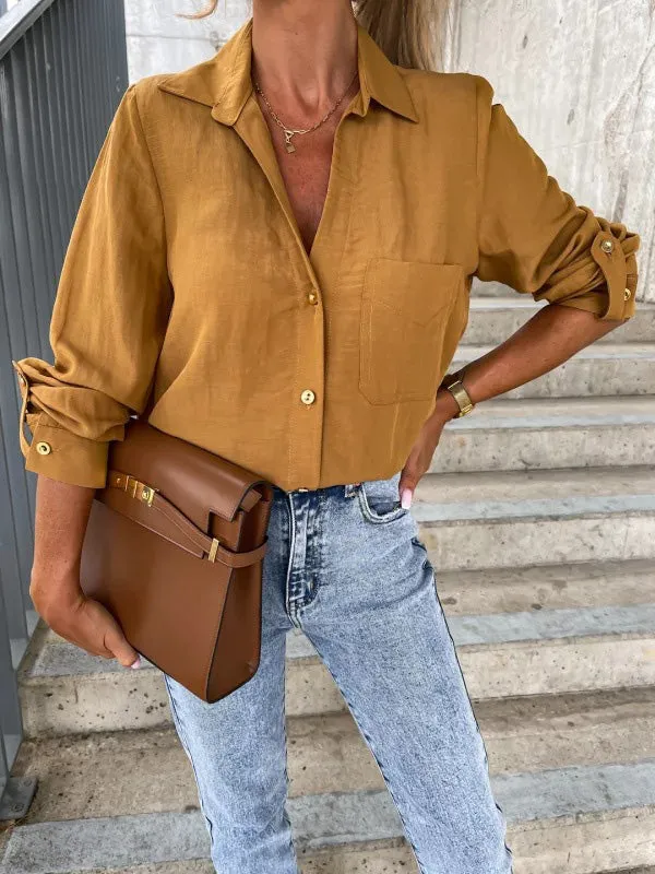 xakxx Trendy Long Sleeves Solid Color Lapel Collar Blouses