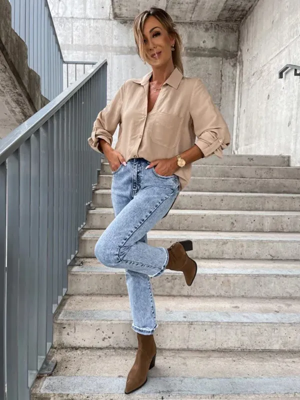 xakxx Trendy Long Sleeves Solid Color Lapel Collar Blouses
