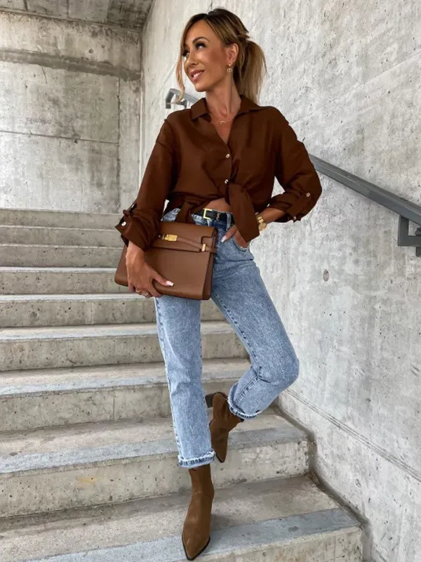 xakxx Trendy Long Sleeves Solid Color Lapel Collar Blouses