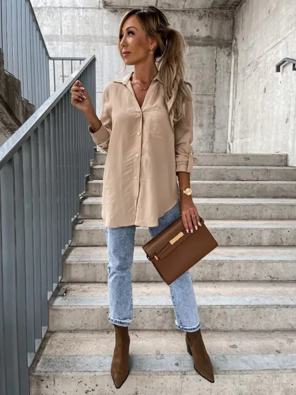 xakxx Trendy Long Sleeves Solid Color Lapel Collar Blouses