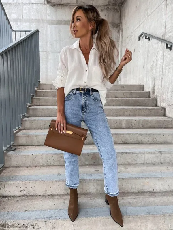 xakxx Trendy Long Sleeves Solid Color Lapel Collar Blouses