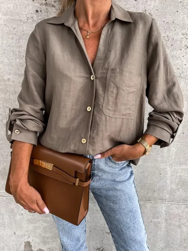 xakxx Trendy Long Sleeves Solid Color Lapel Collar Blouses