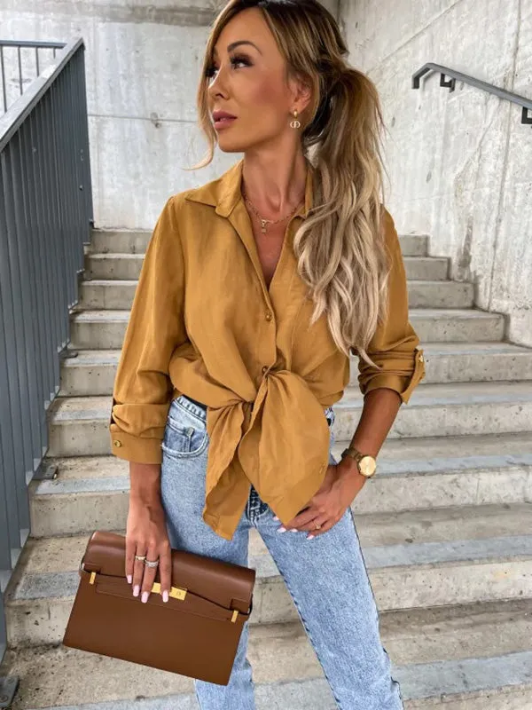 xakxx Trendy Long Sleeves Solid Color Lapel Collar Blouses