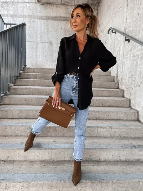 xakxx Trendy Long Sleeves Solid Color Lapel Collar Blouses