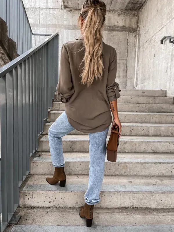 xakxx Trendy Long Sleeves Solid Color Lapel Collar Blouses