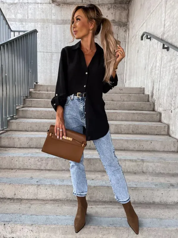xakxx Trendy Long Sleeves Solid Color Lapel Collar Blouses