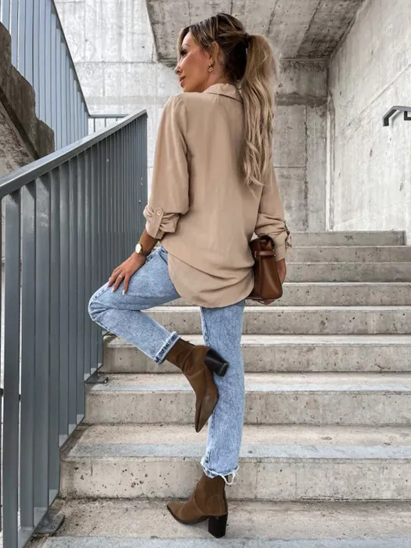 xakxx Trendy Long Sleeves Solid Color Lapel Collar Blouses
