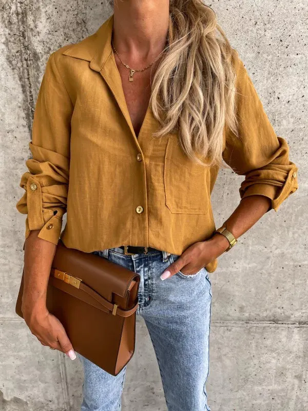 xakxx Trendy Long Sleeves Solid Color Lapel Collar Blouses