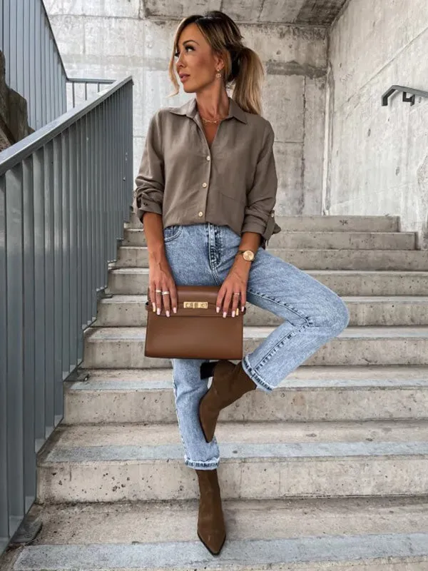 xakxx Trendy Long Sleeves Solid Color Lapel Collar Blouses