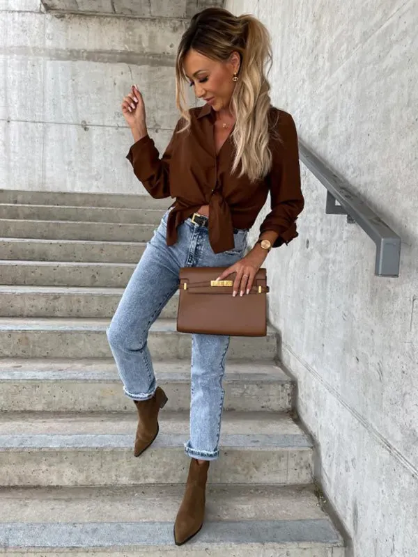 xakxx Trendy Long Sleeves Solid Color Lapel Collar Blouses