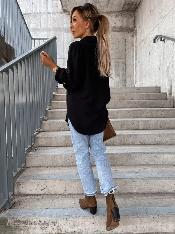 xakxx Trendy Long Sleeves Solid Color Lapel Collar Blouses
